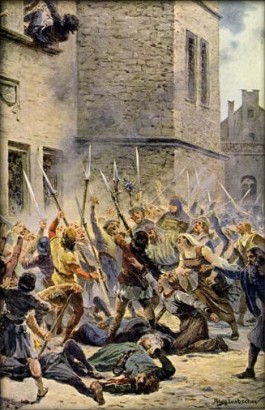 The "First Defenestration of Prague." Hussite rebels throw all 13 members of City Council out the window to their deaths.